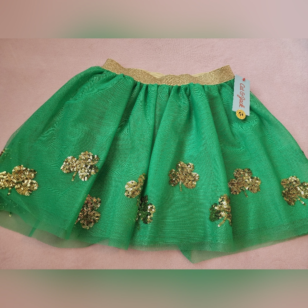 Cat & Jack Green Tulle Shamrock St. Patrick's Day Skirt with Gold Sequin Clovers